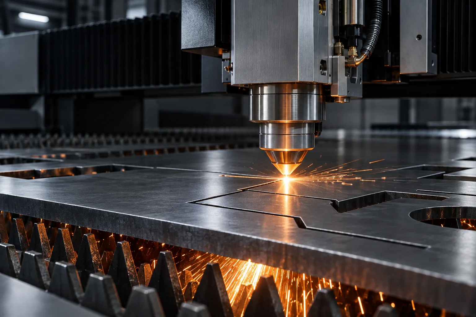 Cabezal de corte láser trabajando una plancha de metal entre chispas